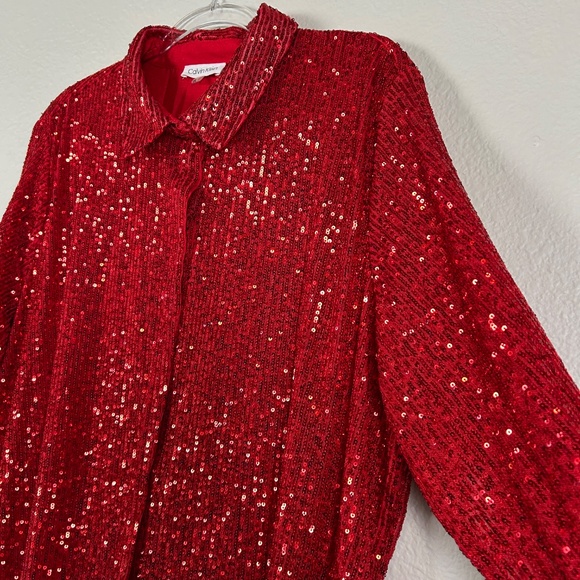 Calvin Klein women plus size 2X fully sequin top red long sleeve snap closure - Picture 8 of 14